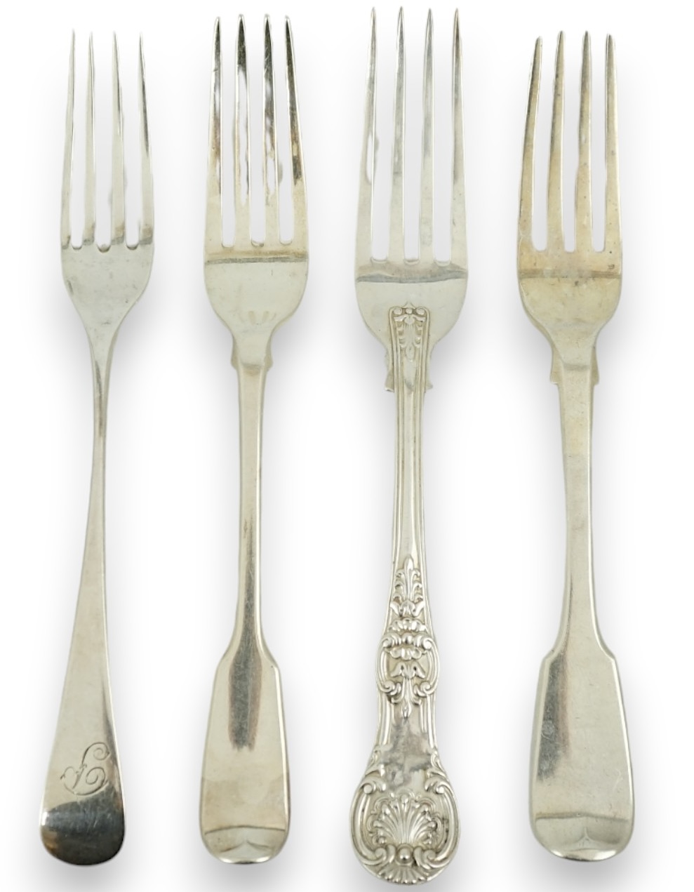 A harlequin collection of 19th century silver Old English pattern table forks, various dates and makers including set of ten by William Ellerby, London, 1804, thirty eight in total, together with sixteen similar fiddle p